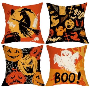 Imagem de Fjfz Conjunto de 4 capas de almofada decorativas de Halloween laranja 45,7 x 45,7 cm, engraçada, bruxa, lua, jack, lanterna, abóbora, alpendre, decoração de casa, ao ar livre, fantasma assustador, boo