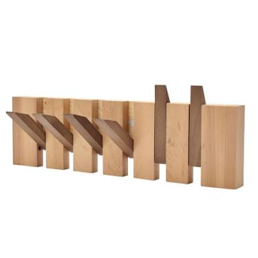 Imagem de Cabide de piano montado na parede de madeira natural | Casaco montado | Gancho de parede dobrável 6 ganchos | Ganchos de arte de entrada em nogueira (bloco de cores)