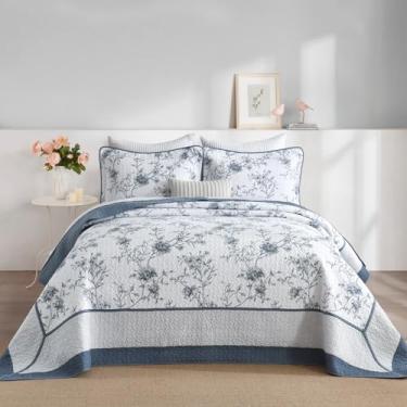 Imagem de FineStichery Colchas King extragrandes 304.8 cm x 304.8 cm, 100% algodão floral super king colcha reversível, leve casa de fazenda, conjunto de cama acolchoado de 3 peças, azul acinzentado/branco
