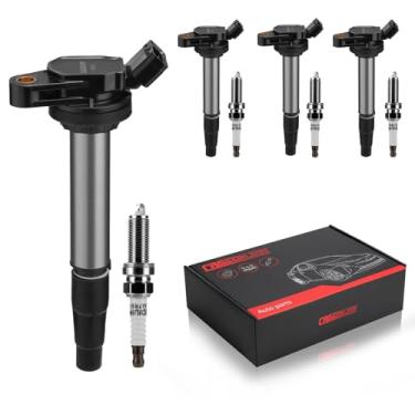 Imagem de CASEONJAN Pacote de bobinas de ignição UF619 e velas de ignição irídio, compatível com Toyota, Scion, Lexus, Corolla, Matrix Prius V Plug-In Vibe xD CT200h substitui 90919-02252 UF619, conjunto de 4