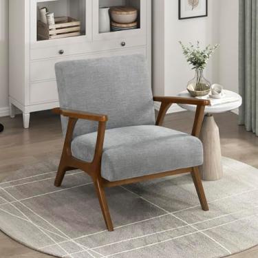 Imagem de Lexicon Cadeira moderna de meados do século, espreguiçadeira de tecido de chenille, moldura de madeira maciça castanha, descanso de braço amplo e conforto acolchoado para sala de estar/escritório