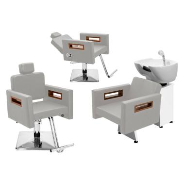 Imagem de Kit Salão de Beleza 1 Cadeira Fixa + 1 Reclinável Quadrada + 1 Lavatório Tunísia