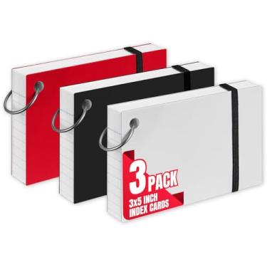 Imagem de 1InTheOffice Cartões de índice com anel 3x5, cartões didáticos com anel de fichário, cartões perfurados de furo único, 65 cartões, pacote com 3