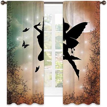 Imagem de Cortina blackout natural, asas de anjo pretas, borboletas e sol, estampa de arte redonda sedutora, para quarto, jardim de infância, sala de estar, L 132 x C 182 cm azul-petróleo salmão