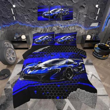Imagem de Feelyou Conjunto de edredom de carro de corrida infantil, tamanho Queen, decoração de quarto de meninos e meninas, edredom de carro de esportes radicais, conjunto de cama de carro de luxo Cool Speed