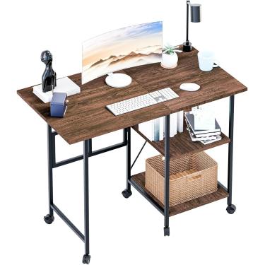 Imagem de Mesa Dobrável Com Design De 2 Estantes, Mesa De Escritório Móvel Para Casa Mesa De Estudo Com Rodízios, Mesa Compacta Com Economia De Espaço Para Dormitório, Brown