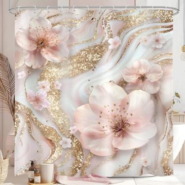 Imagem de Omifly Cortina de chuveiro de mármore rosa e branco 182 cm L x 182 cm abstrata minimalista flor de cerejeira floral moderna textura de tinta com 12 ganchos de plástico tecido à prova d'água acessórios