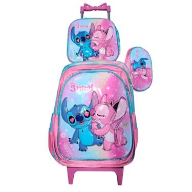 Imagem de Kit Mochila Stitch Feminina em 3D com Rodinhas + Lancheira Térmica + Estojo Escolar