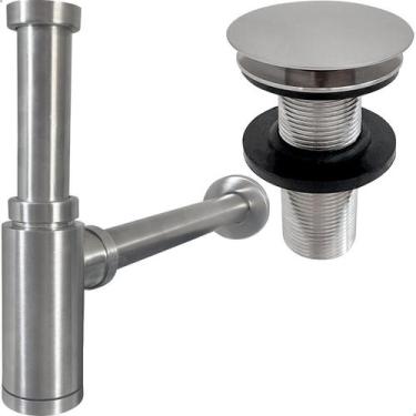 Imagem de Sifão Copo e Valvula Click 7/8 Inox Escovado Kit Banheiro Luxo Ralo de