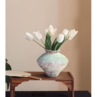 Imagem de GeLive Vaso rústico de cerâmica branca Frost, Jingdezhen, feito à mão, vintage, para plantas frescas e secas, centro de mesa, vaso Wabi Sabi, decoração de casa de fazenda