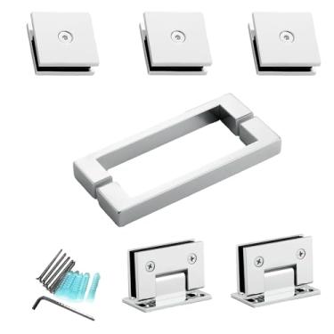 Imagem de MCOCOD Kit de ferragens para porta de chuveiro para portas articuladas em linha sem moldura, inclui dobradiças, alças quadradas e grampos, para vidro de 5/40.6 cm a 3/20.3 cm, adequado para banheira