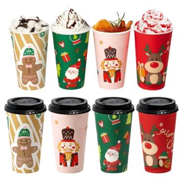 Imagem de Fit Meal Prep Pacote com 50 xícaras de café descartáveis de Natal de 473 ml com tampas pretas, copos de papel de Natal espessos duráveis para bebidas quentes, chocolate, chá, cacau, copos de Natal
