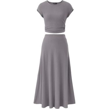 Imagem de Conjunto De Saia Feminina De Duas Peças Casual Com Nervuras De Malha Gola Redonda Manga Curta Top Cropped Cintura Alta Saia Midi, Beige, XL