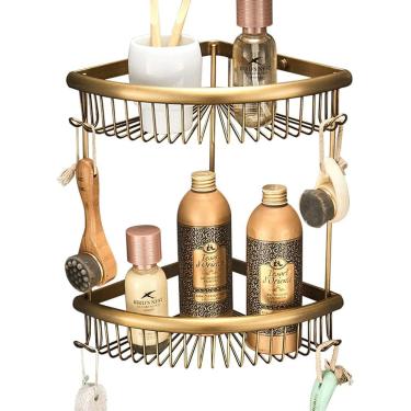 Imagem de Cestos De Chuveiro De 2 Camadas Prateleiras De Canto De Banheiro Livre De Ferrugem Suporte De Chuveiro De Latão Com Gancho Suporte De Shampoo Organizador De Armazenamento De Arrumação De Ba