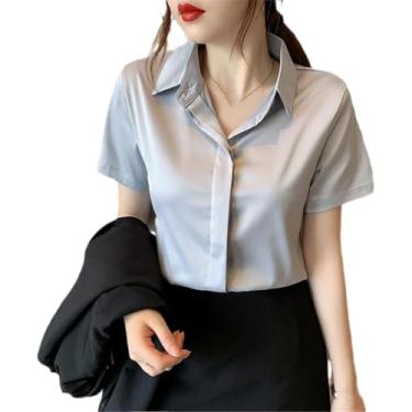 Imagem de Blusas Femininas De Manga Shrot Blusas De Cetim Para Escritório Com Botões, Gray9 Silver, XXL