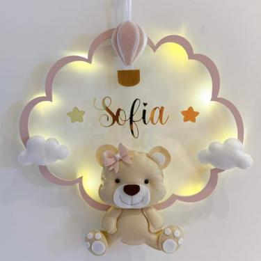 Imagem de Porta Maternidade Nuvem Ursinha Led Acrílico e Espelho