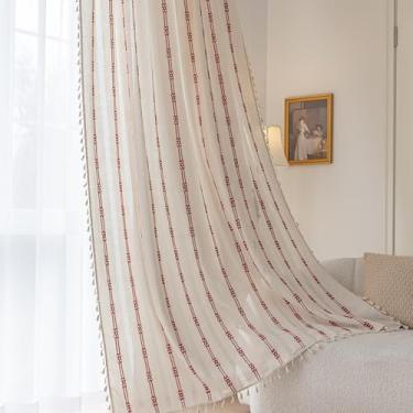 Imagem de Erbnaryx Cortinas Boho bordadas para sala de estar quarto 1 painel L 159 x C 96 bolso de haste bege, listrado fazenda chique texturizado, borlas vintage feito à mão decoração country drapeado.