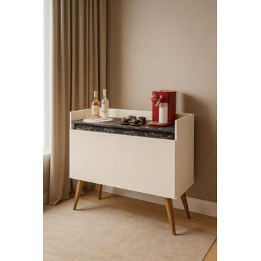 Imagem de Armario Aparador Buffet 2 Portas Pés Palito Luxo Off/Marmore Preto - MJM Casa dos moveis