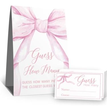 Imagem de Placa Guess How Many Candies (1 placa de pé - 50 cartões de adivinhação) Kit de cartões de atividades com tema de arco rosa para chás de bebê, festas de recém-nascidos, chá de panela, noivado, chá de