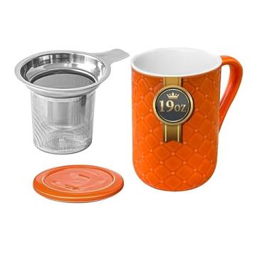 Imagem de Yachi Caneca de chá de cerâmica com tampa e infusor, copo de porcelana em relevo de 540 ml com filtros para folhas soltas, chá, café, leite, casa, escritório, micro-ondas e lava-louças (laranja)