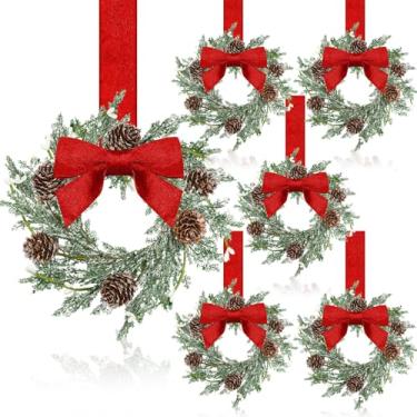 Imagem de Dingion 6 mini guirlandas de Natal de 15 cm para cozinha com laços de fita, guirlanda de janela pequena de frutas vermelhas para decoração de festa de Natal de casa de fazenda (estilo clássico de