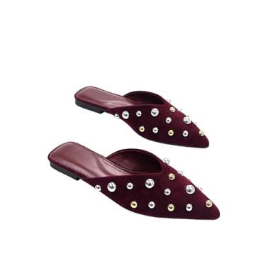 Imagem de BEAUDRM Mules for Women Sapatos de bico fino cravejados Mules sandálias planas de couro sintético sapatos elegantes, Borgonha, 36