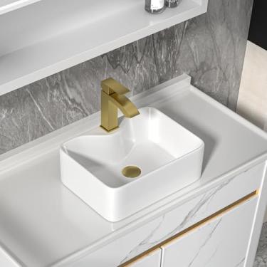 Imagem de Fulorni Pia de vaso de banheiro de 40,6 x 30,5 cm com torneira e ralo pop-up - porcelana branca retangular acima do balcão pia moderna pia arte bacia