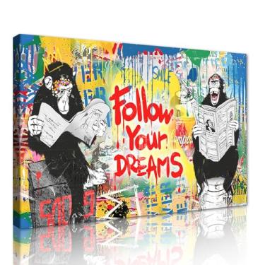 Imagem de Novatique Arte de parede em tela Banksy Graffiti Arte de parede para quarto Arte Pop de rua colorida para sala de estar pronta para pendurar, 61 x 91 cm
