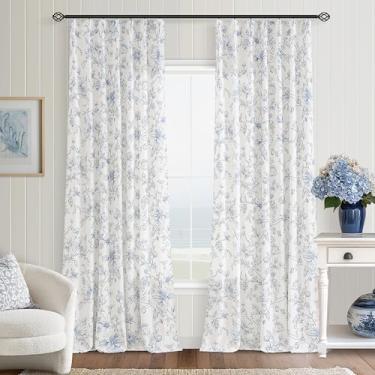 Imagem de Cortinas florais azuis 224 cm de comprimento com aba traseira plissada para casa de fazenda, sala de jantar, cortinas de linho, filtro de luz, estampa de esboço de flores azuis, estética, estilo