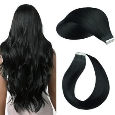Imagem de Extensões de cabelo com fita, extensão de cabelo humano real, cabelo humano preto azeite 45,72 cm, 20 peças, 50 g, pontas grossas lisas, sem costura, fita invisível em extensões de cabelo humano