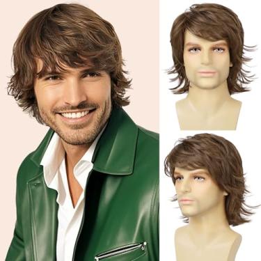 Imagem de YTbeauty Peruca masculina marrom claro curta em camadas peruca masculina sintética resistente ao calor para fantasia diária festa de Halloween