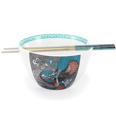 Imagem de Hagary Dragon Ramen Bowl with Chopsticks Ceramic Bowl Stainless Steel Chopsticks Japanese Style Udon Miso Noodle Soup Bowls Housewarming Wedding Gifts Designed in Korea (Blue, 20oz)