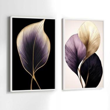 Imagem de Conjunto Quadros Decorativos com Moldura Floral Roxoe Dourado Folhas L