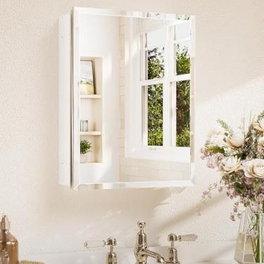 Imagem de TETOTE Armário de remédios de 35,5 x 45,7 cm com espelho chanfrado temperado branco para banheiro com dobradiças DTC de armário de alumínio, prateleiras ajustáveis contínuas, embutidas/montadas na