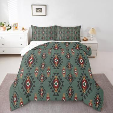Imagem de jejeloiu Conjunto de cama Boho macio para meninos e meninas, asteca, tamanho casal, geométrico, edredom de microfibra, boêmio, decoração de quarto, 3 peças com 2 fronhas
