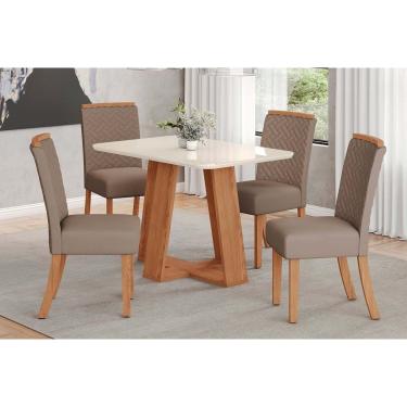 Imagem de Conjunto: Mesa Sala Jantar Lins c/ Tampo Madeirado c/ Vidro Curvo 120x80cm e 4 Cadeiras Malu Nature/Suede Light Marrom Amendoa - Henn