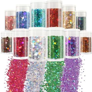Imagem de Matio Glitter holográfico grosso, 12 cores sortidas, glitter, misturado, 3 mm, estrelas, purpurina, pó fino, glitter em pó, flocos de glitter grosso para resina, arte de unhas corporais, festival de