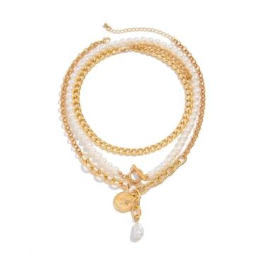 Imagem de 3 colares delicados com pingente de moeda de pérola, conjunto de colar OT empilhável com contas de ouro, gargantilha com pingente de retrato de pérola barroca para mulheres, Large, Liga de aço, Sem