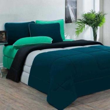 Imagem de Kit Edredom + Jogo De Lençol Malha 100% Algodão 7 Peças King - Azul Pe