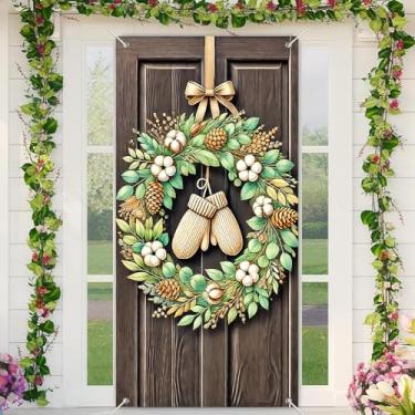 Imagem de BlissYard Capa para porta de inverno, guirlanda, luva, de algodão, pinhas de algodão, 89 x 188 cm, faixa festiva para decoração de parede interna e externa, tecido de poliéster, decoração quente para