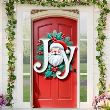 Imagem de BlissYard Capa de porta de Natal com design de guirlanda de alegria de Papai Noel 89 x 188 cm, faixa festiva para decoração de parede interna e externa, tecido de poliéster, decoração de festa em casa