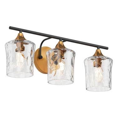 Imagem de Aiwen Luminária de banheiro de 51 cm, arandelas de parede industriais de 3 luzes com persianas de vidro martelado, acabamento preto fosco e dourado, iluminação vintage sobre espelho para quarto E26