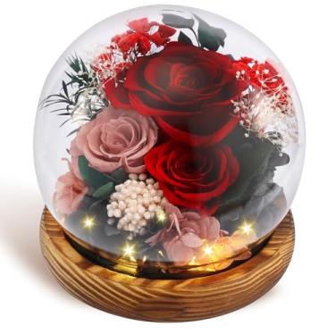 Imagem de Flores preservadas, flores criativas em cúpula de vidro com luz, flores de rosas decorativas iluminadas para esposa, namorada, mãe, presentes requintados de rosas preservadas para aniversário, dia das