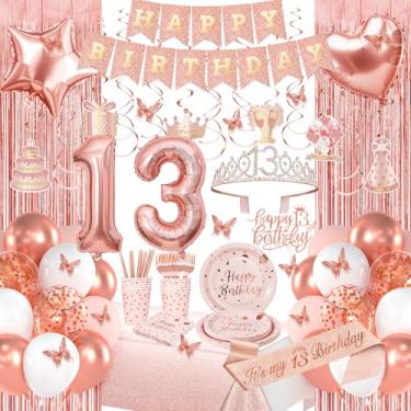 Imagem de Decorações de aniversário de 13 anos de ouro rosa, decorações de feliz aniversário de 13 anos para meninas, pacotes de festa de aniversário com faixa de ouro rosa, balões número 13, faixa, coroa