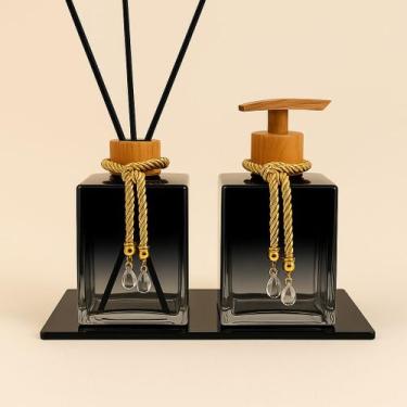 Imagem de Kit De Banheiro Lavabo Luxo Cubo De Vidro Difusor + Sabonete + Bandeja