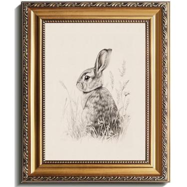 Imagem de uniro Arte de parede vintage com moldura dourada, decoração de casa de fazenda, desenho de coelhinho da Páscoa, pintura de impressão em tela, imagem de desenho de coelho neutro antigo, decoração de