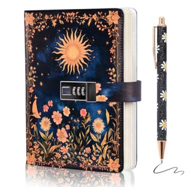 Imagem de Kifredwo Diário vintage com cadeado para mulheres, meninas, A5, 192 páginas, diário de senha com cadeado, caderno recarregável de couro, linda caneta esferográfica, diários femininos para presentes de