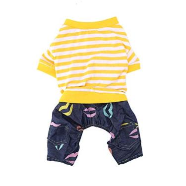 Imagem de Roupas com capuz para cães de estimação filhote de cachorro gato pijama listrado macacão pequeno roupas de algodão para animais de estimação roupas para cães pequenos e gatos (G amarelo branco)