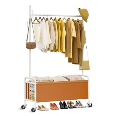 Imagem de Suporte para roupas com rodas e cesta de armazenamento, suporte resistente com ganchos para pendurar roupas, casacos, vestidos, chapéus para quarto, armário, sala de estar, corredor, entrada (80 cm)