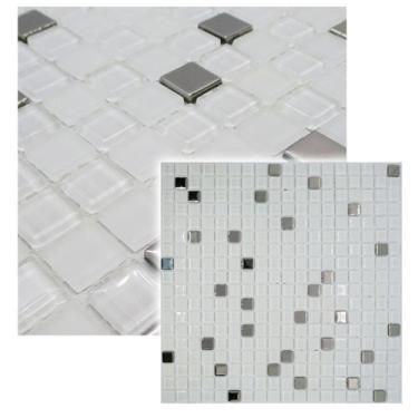 Imagem de Pastilha de Vidro Para Cozinha Efeito Metalizado Branco Neve 30x30cm -